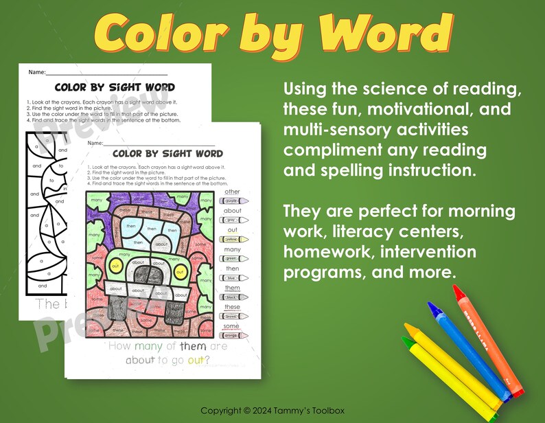 May include: Color by Sight Word worksheet featuring a colorful illustration of a school bus. The worksheet includes a list of sight words and a corresponding color key. The text "How many of them are about to go out?" is printed at the bottom of the worksheet.