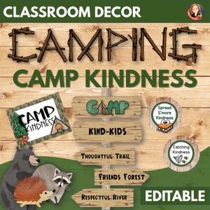 Activités de camping et décoration de salle de classe de camping Tableau d'affichage, cartes et affiches de gentillesse, présentoir de camping rustique imprimable