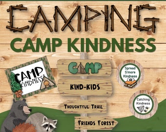Camp Kindness Activities and Camping Classroom Decor Bulletin Board, Kindness Cards and Posters, Printable Rustic Camping Display