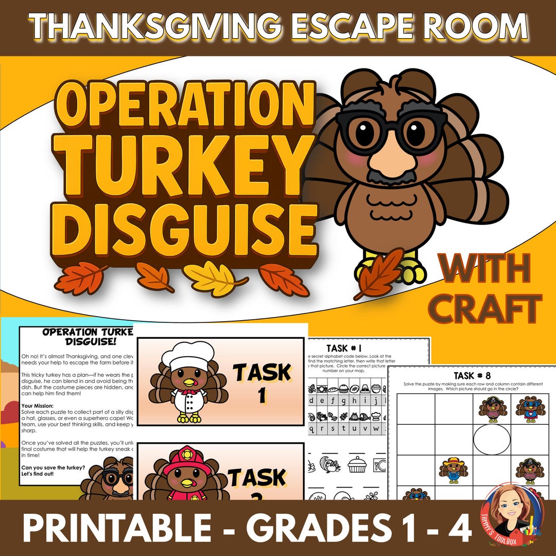 Thanksgiving Escape Room Printable Game, Troubled Turkey Disguise ...