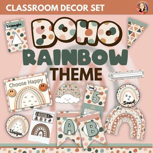 Könnte beinhalten: Klassenzimmer-Dekor-Set mit Boho-Regenbogen-Thema. Das Set enthält eine Vielzahl von bunten Postern, Bannern und Ausschnitten mit Regenbögen, Wolken und geometrischen Formen. Der Text "Boho Rainbow Theme" ist in einer großen, fetten Schrift dargestellt.