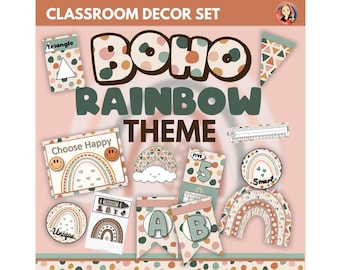 Boho Rainbow Classroom Decor Theme, Neutral Calm Classroom Decor Basics with Editable Bulletin Board, Banners, Nameplates, Classroom Posters