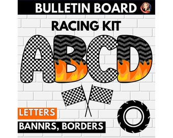 Race Car, Checkered Flag Bulletin Board Letters, Back to School Bulletin Board Kit with Cutouts, Borders, Banners, Racing Classroom Theme