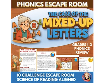 Puede incluir: Un póster educativo colorido titulado "Phonics Escape Room" para los grados 1-3. El póster presenta una ilustración de una mujer con gafas sosteniendo una lupa. El texto dice "The Case of the Mixed-Up Letters" y "10 Challenge Escape Room".