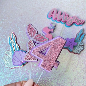 Mermaid Cupcake Toppers Sparkly Pink Purple Custom 3D for Girl Birthday, Baby Shower