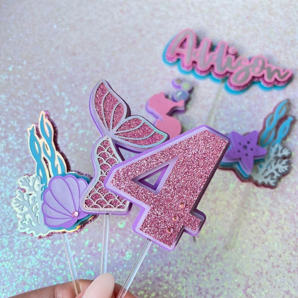 Mermaid Cupcake Toppers Sparkly Pink Purple Custom 3D for Girl Birthday, Baby Shower