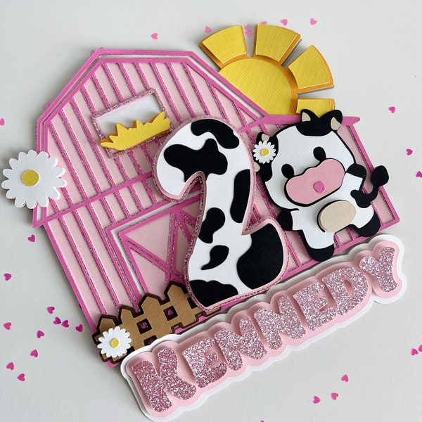 Cow Pink Farm Cake Topper Decor Custom 3D for Birthday Party, Baby Shower