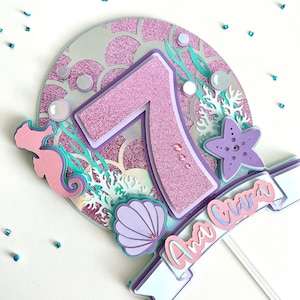 Mermaid Cake Topper Sparkly Pink Purple Custom 3D for Birthday, Baby Shower, Anniversary