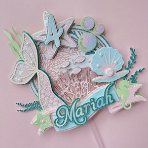 Pastel zeemeermin grillige 3D-taarttopper sprankelend roze blauw op maat gepersonaliseerd voor verjaardag, babyshower | Onder de zee zeemeermin taarttopper