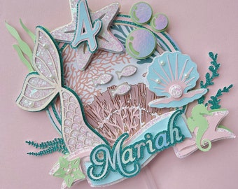 Pastel Mermaid Whimsical 3D Cake Topper Sparkly Pink Blue Custom Personalized for Birthday, Baby Shower | Under The Sea Mermaid Cake Topper