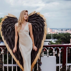 Large handmade black wings with gold trim, Black angel wings,  Angel wings golden, Black angel with golden wings