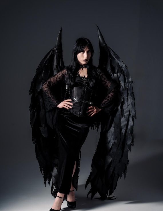Black Large Angel Wings Costume With Horns, Adult Halloween