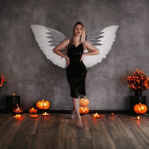 White and silver wings for photo shoot for an angry party, White angel wings, Big wings cosplay costume, Large anhel wings costume woman