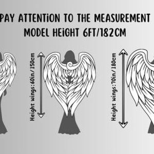 May include: Three angel wing silhouettes with varying sizes are displayed, each with height measurements in inches and centimeters. The text above reads "PAY ATTENTION TO THE MEASUREMENT" and "MODEL HEIGHT 6FT/182CM".