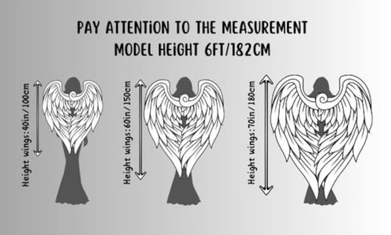 May include: Three angel wing silhouettes with varying sizes are displayed, each with height measurements in inches and centimeters. The text above reads "PAY ATTENTION TO THE MEASUREMENT" and "MODEL HEIGHT 6FT/182CM".