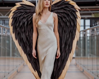 Large Black & Gold Angel Wings for Photo Shoots, Burlesque, Performance, Event Costume
