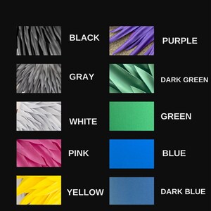 May include: A black background displays a color chart titled "SELECTION OF COLORS." The chart showcases samples of black, gray, white, pink, yellow, and red, alongside purple, dark green, green, blue, dark blue, and orange.
