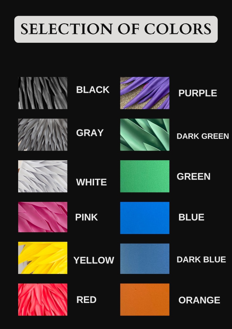 May include: A black background displays a color chart titled "SELECTION OF COLORS." The chart showcases samples of black, gray, white, pink, yellow, and red, alongside purple, dark green, green, blue, dark blue, and orange.
