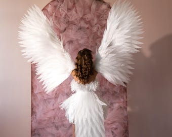 White Angel Wings and tail, Movable Costume Wings for Photoshoot, Cosplay, Carnival