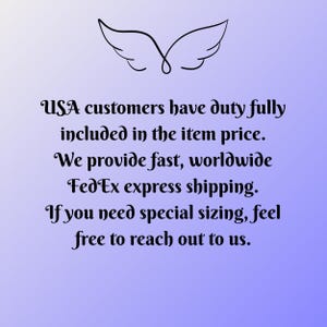 May include: A gradient purple background with black text and a stylized wing design. The text states that USA customers have duty included in the item price and offers fast, worldwide shipping.
