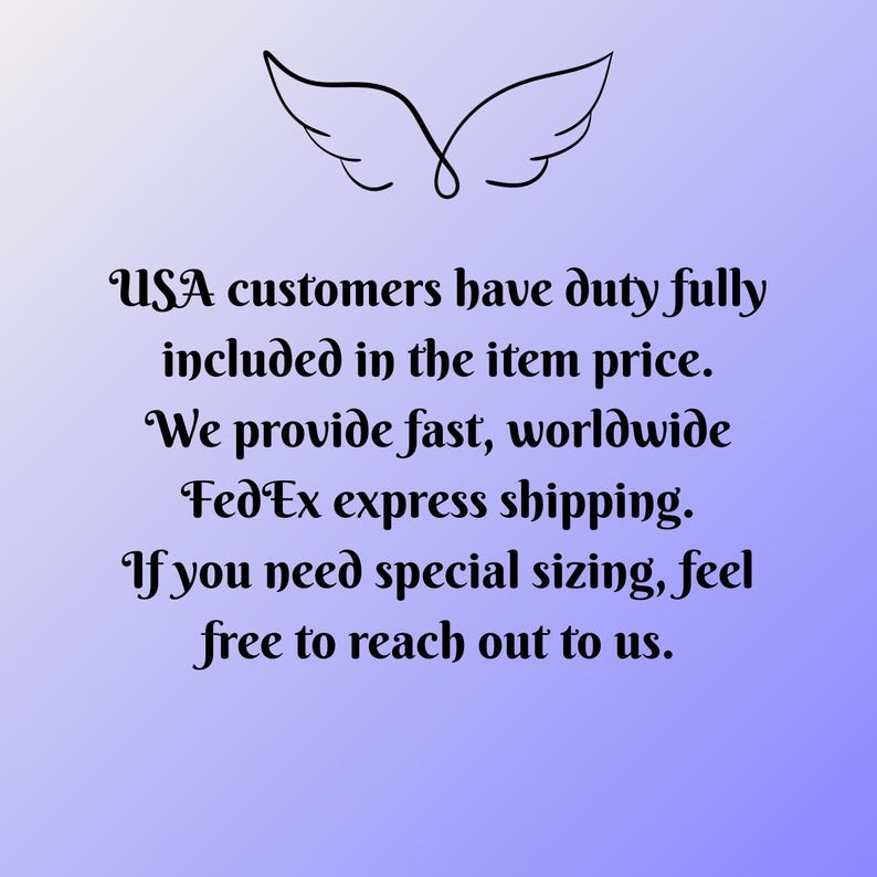 May include: A gradient purple background with black text and a stylized wing design. The text states that USA customers have duty included in the item price and offers fast, worldwide shipping.