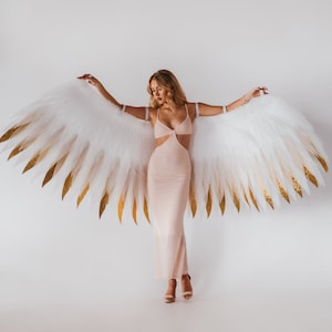 Big White and Gold angel wings costume for a photo shoot on a bachelorette party, Golden wings of an angel cosplay royal angel wings