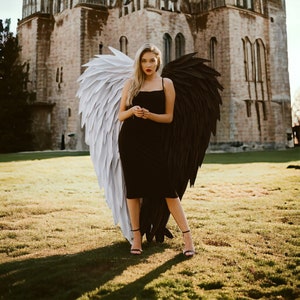 Black with white angel wings, Party costume wings cosplay, Large wings for adults for photo shoot