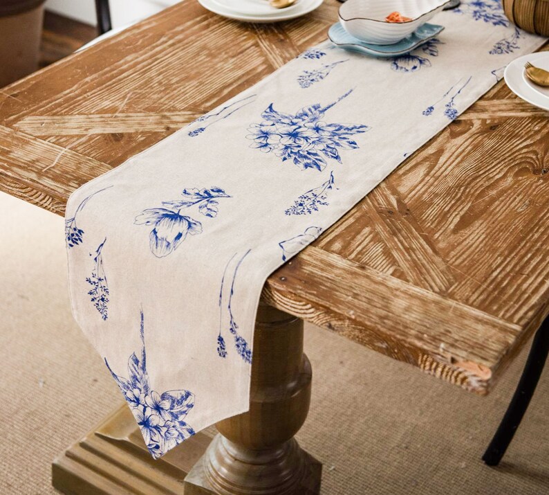 Blue Floral Table Runnerhandmade Table Runnervintage Table Etsy