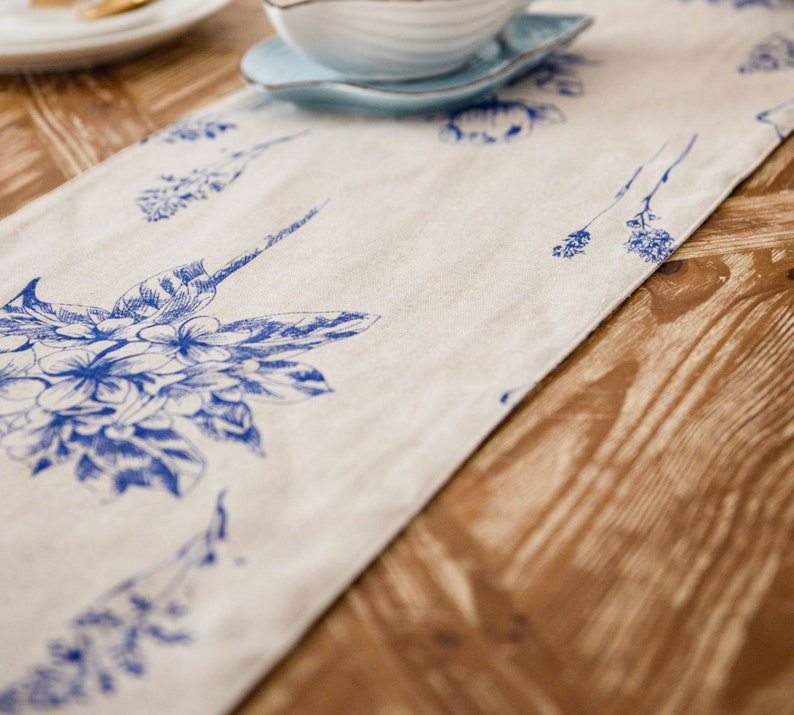 Blue Floral Table Runnerhandmade Table Runnervintage Table Etsy