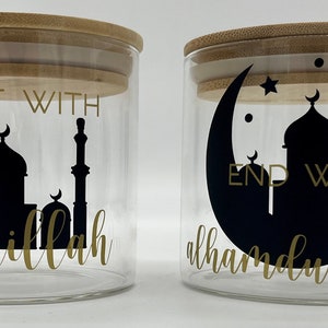 Ramadan glasses | Date jars | Iftar | Start with Bismillah | End with Alhamdulillah | Glasses for fasting month | Ramadan