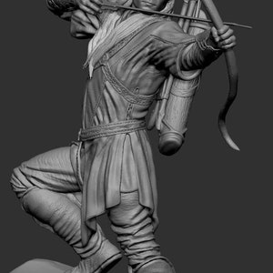 Pode incluir: Um modelo 3D em tons de cinza de uma figura segurando um arco e flecha. A figura está vestindo uma túnica e calças, e está em pé em uma rocha com grama ao redor.
