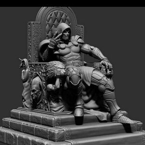 May include: A grayscale 3D model of a figure sitting on a throne. The figure is wearing a hooded robe and armor, and is holding a goblet. The throne is ornately decorated with carvings of lions and other creatures.