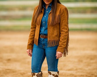 May include: A brown suede jacket with fringe detailing, paired with a denim shirt and blue jeans. The outfit is completed with a brown leather belt and cowhide boots, and a cowboy hat.