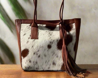 Cowhide Leather Tote Bag, Small Women's Purse with Zipper