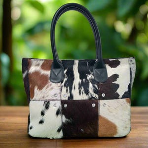 Frauen-Rindleder Geldbeutel | Patchworktasche aus Rindsleder | Western Rindsleder Geldbörse | Leder Henkeltasche | Brautjungfer Einkaufstasche | Kuh Druck Tasche