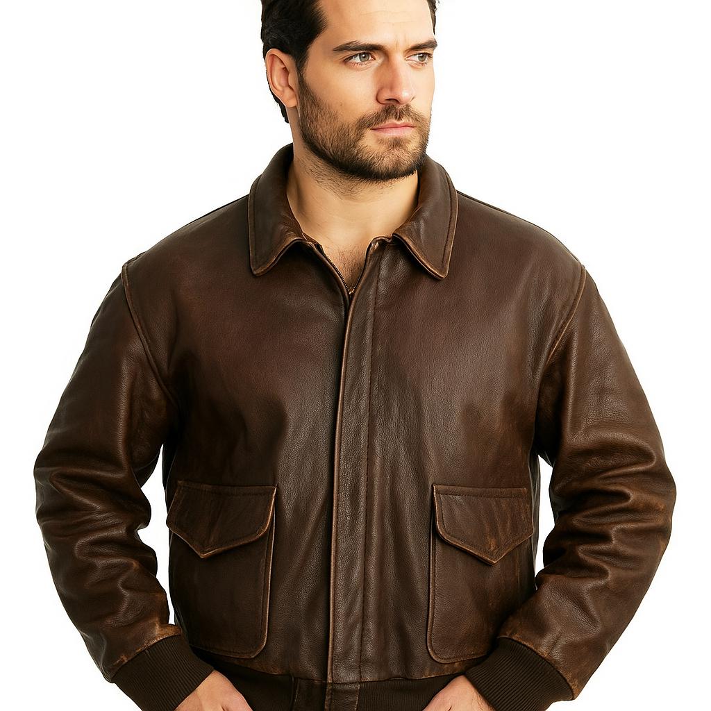 Men's Vintage A2 Bomber Jacket – Distressed Brown Real Leather, Biker Style