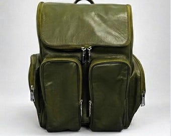 Green Leather Diaper Bag Backpack, Baby Shower Gift, New Mom Gift, Personalized Nappy Bag, Olive Leather Baby Backpack, Unisex Diaper Bag