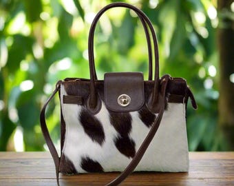 Personalized Women's Cowhide Tote Bag– black Hair-On Hide leather Purse with Detachable Strap