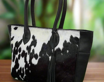 Black Cowhide Leather Tote Bag: Women's Shoulder Purse - Etsy