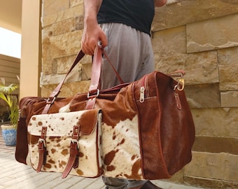Cowhide Leather Duffle Bag: Large Unisex Weekender Travel Bag