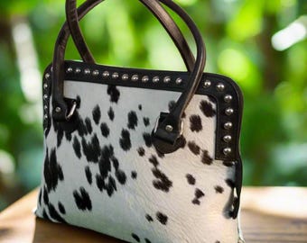 Black Cowhide Leather Tote Bag | Women leather purse | Ladies hair on handbag | Rivets Detail