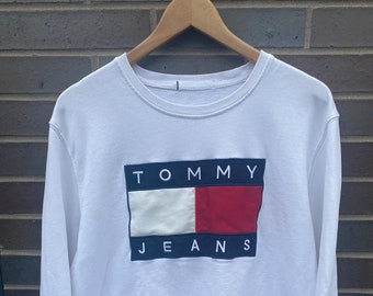 Vintage 90er Tommy Hilfiger Sweatshirt Rundhals / 90s Crewneck / Spellout / Weißes Rundhalsshirt / Tommy Jeans / Besticktes Sweatshirt / Made in USA