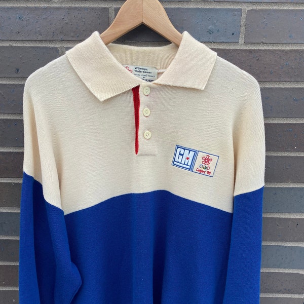 Vintage 1988 Calgary Winter Olympics Rugby Knit Sweater/ Streetwear / Retro / Polo Shirt / Cream Blue / Made in Canada