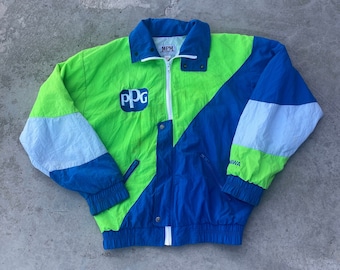 Vintage 80s PPG Oshawa Windbreaker Jacket / 1980s Retro Jacket / Streetwear / Spring Coat / Outerwear / Full Zip Colorblock / Blue Green