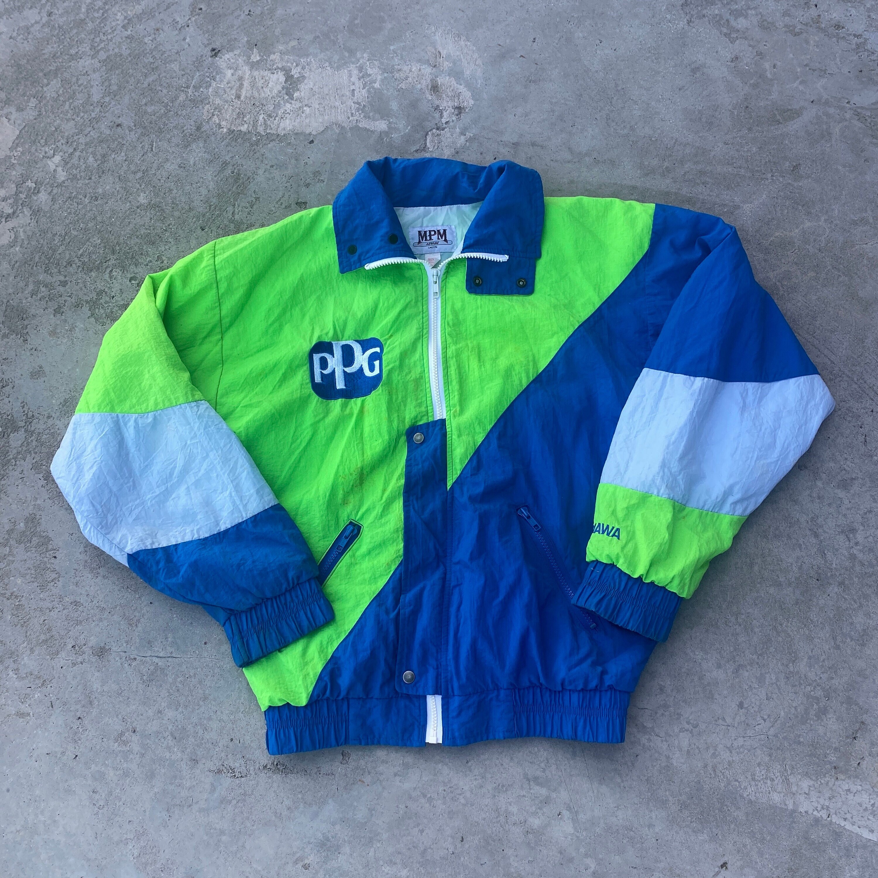Vintage 80s PPG Oshawa Windbreaker Jacket / 1980s Retro Jacket / Streetwear / Spring Coat / Outerwear / Full Zip Colorblock / Blue Green
