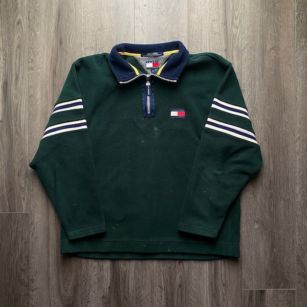 Vintage 90s Tommy Hilfiger Quarter Zip / Green Zip Fleece / Embroidered Sweatshirt / 90s Sweater / 1990s Tommy Patch