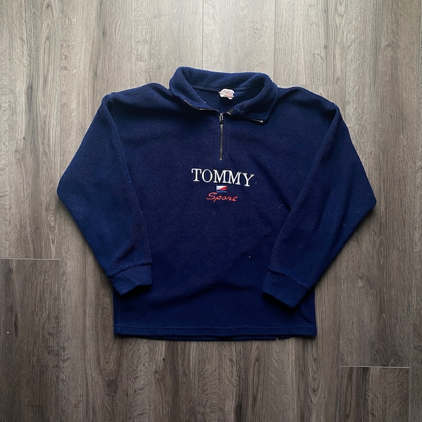 Vintage 90s Tommy Hilfiger Spellout Quarter Zip / Blue Fleece / Embroidered Sweatshirt / 90s Sweater / Streetwear / 1990s Tommy Sports Jeans