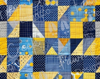 May include: A quilt made of blue and yellow fabric squares. The squares are arranged in a pattern of alternating colors. The quilt is made of a variety of fabrics, including polka dots, stripes, and solids.