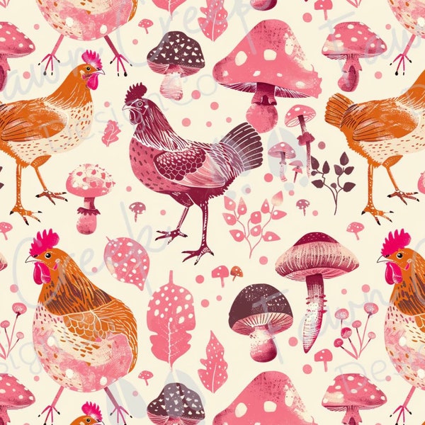 Pink Chickens Mushrooms Seamless Design File