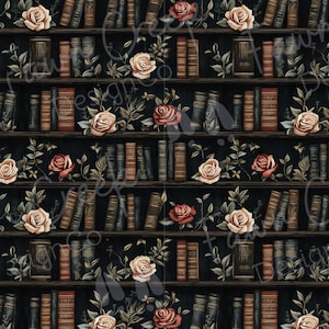 Puede incluir: Un patrón sin costuras con un fondo azul oscuro con filas de estanterías llenas de libros antiguos. Las estanterías están adornadas con exuberantes enredaderas verdes y delicadas rosas en tonos de rosa, rojo y blanco.